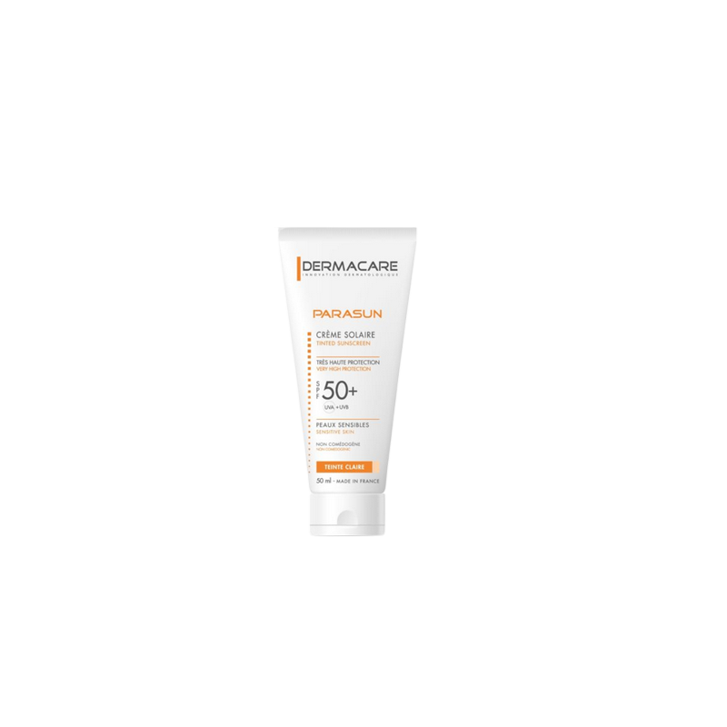 Dermacare Parasun Crème Solaire SPF 50+ Teintée Claire 50ml tube souple blanc et orange avec bouchon clips