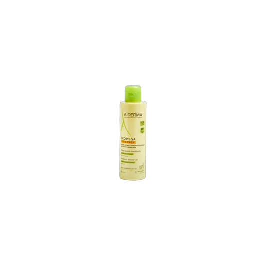 A-Derma Exomega Control Huile Lavante Émolliente Anti-grattage flacon transparent avec bouchon vis vert
