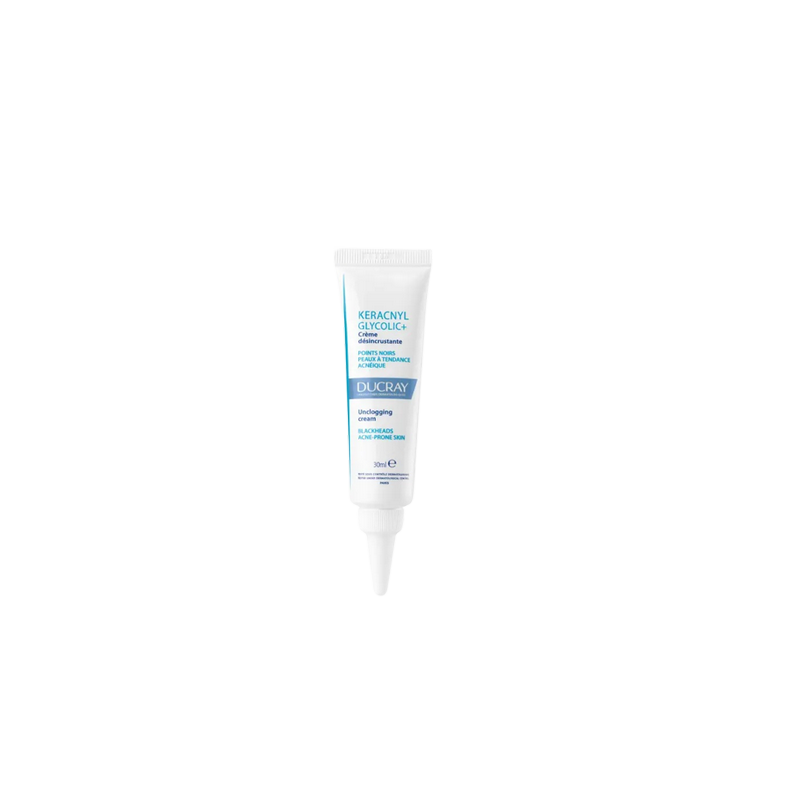 Ducray Keracnyl Glycolic+ Crème Désincrustante 30ml tube blanc avec bouchon pratique